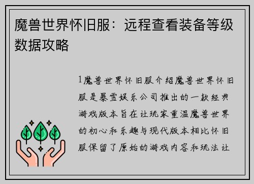 魔兽世界怀旧服：远程查看装备等级数据攻略